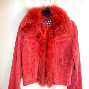 Julio Sport Deportivo Vintage Red Perforated Suede Fox Trimmed Jacket in Size M